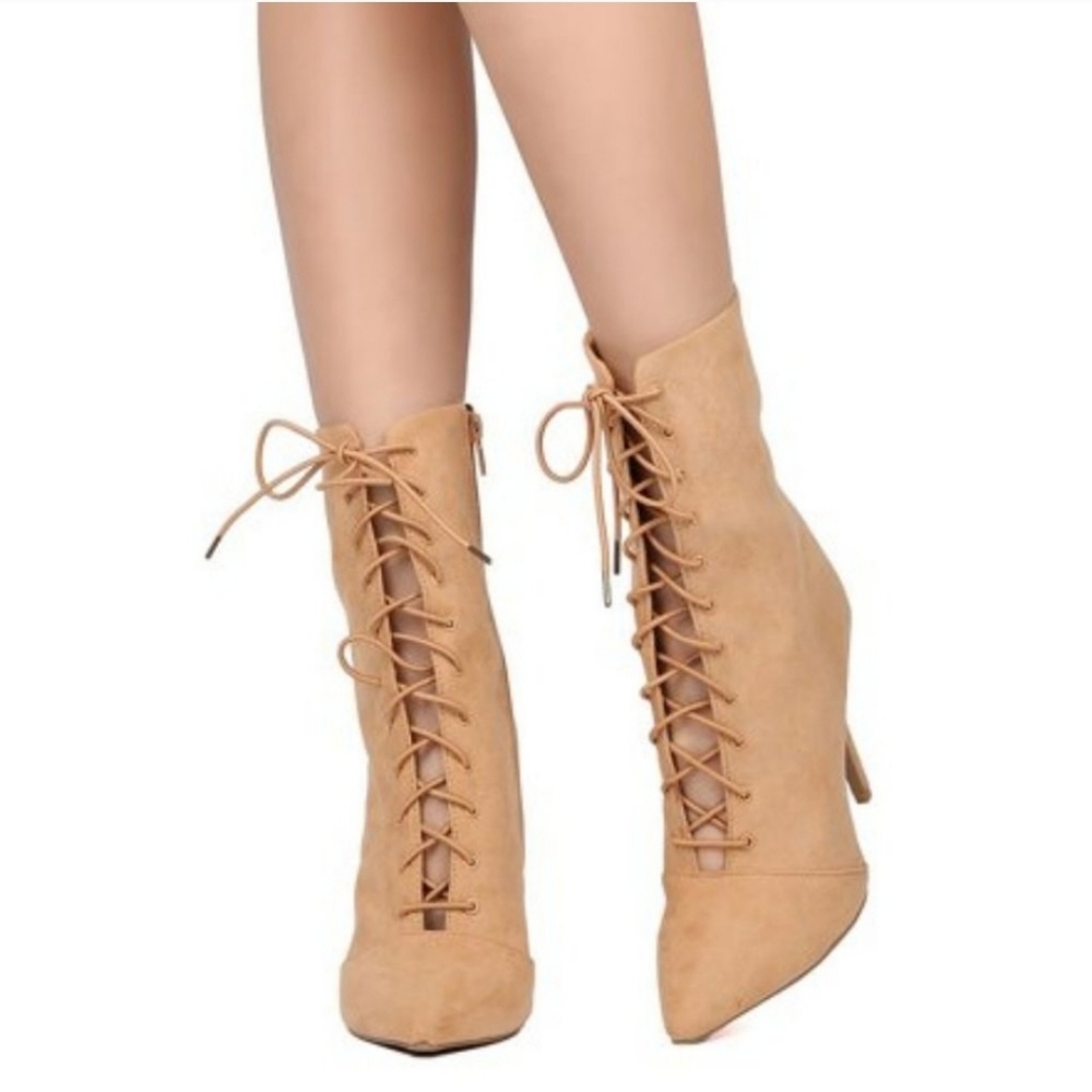 Qupid Pointy Toe Lace Up High Top Stiletto Heel Vegan Suede Booties